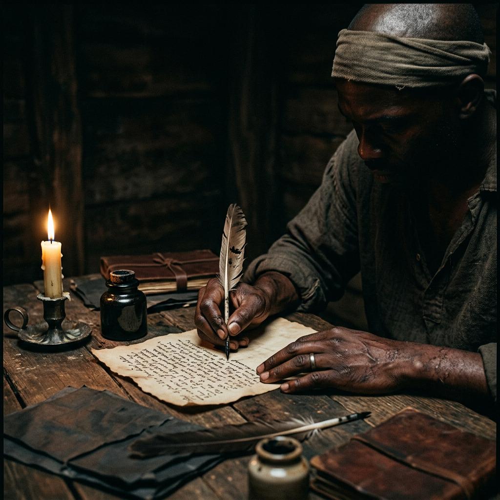 Scribe writing on parchment with a feather quill beside a candle